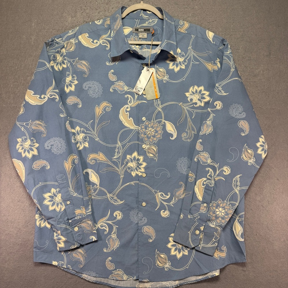 Quiksilver Edition Men XXL Blue Floral Paisley Button Down Long Sleeve Shirt NWT
